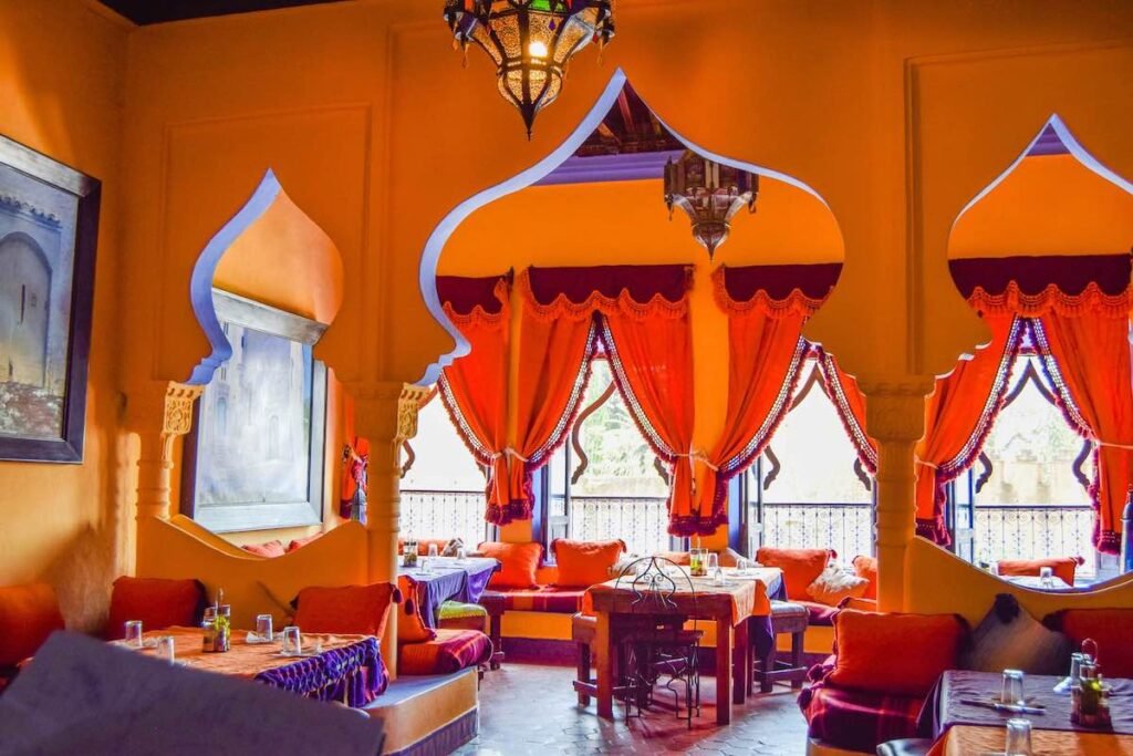 Alladin's restaurant, with bright orange curtains and pillars