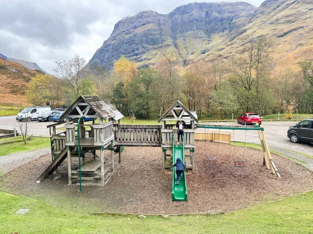 Play area in front of the Scottish highland mountains