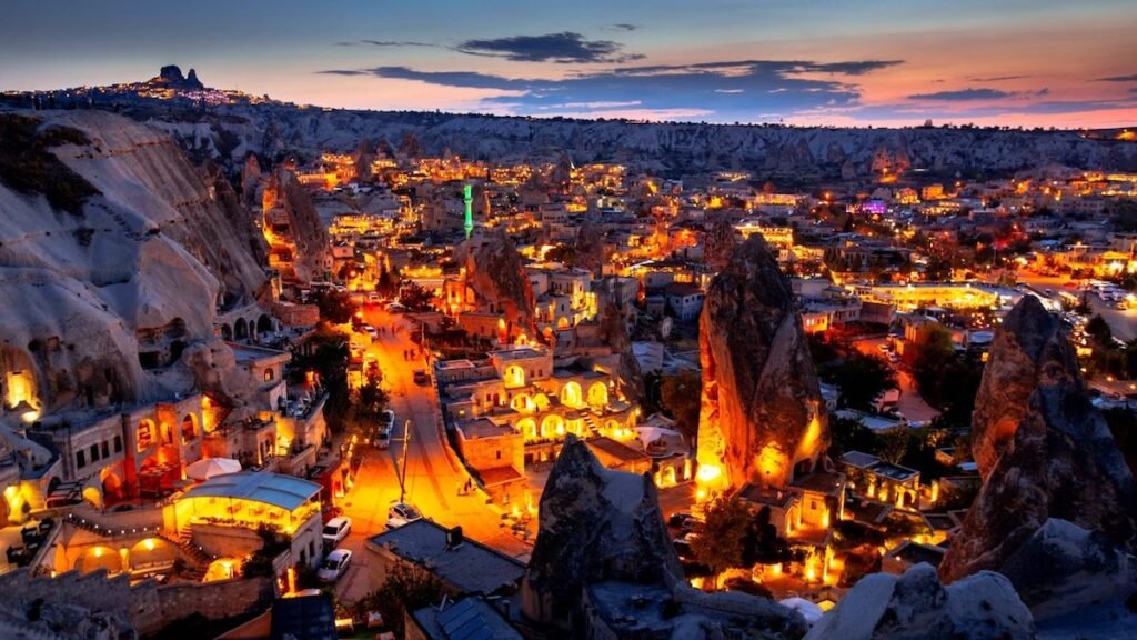 Goreme town lit up by night