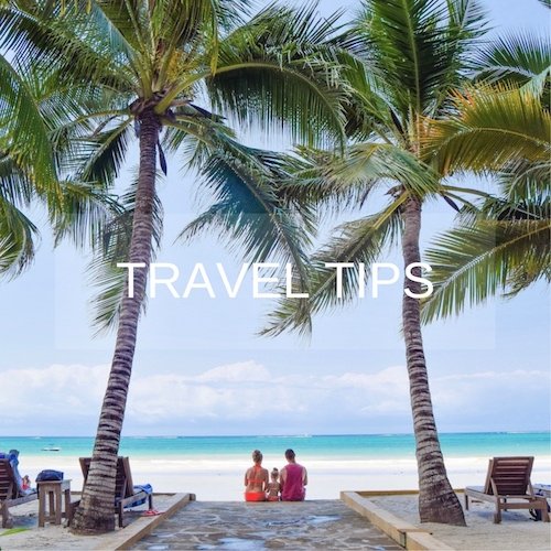 Family on beach surrounded by palm trees